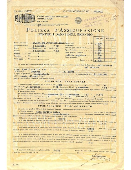 1952 - FIUMETER - SOC. PER AZIONI DI ASSICURAZIONI E RIASSICURAZIONI