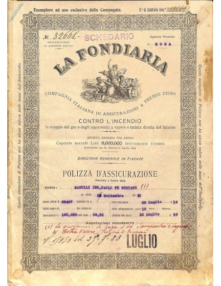 1915 - LA FONDIARIA - COMP. ITAL. DI ASSIC. A PREMIO FISSO CONTRO L'INCENDIO