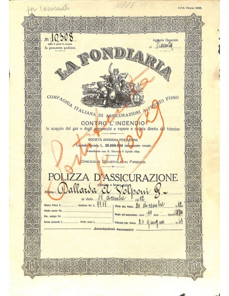 1932 - LA FONDIARIA - COMP. ITAL. DI ASSIC. A PREMIO FISSO CONTRO L'INCENDIO