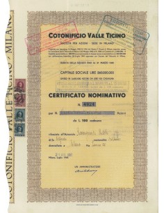 COTONIFICIO VALLE TICINO - CERTIFICATO D'AZIONI MILANO 1950