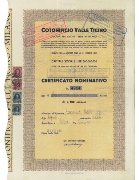COTONIFICIO VALLE TICINO - CERTIFICATO D'AZIONI MILANO 1950