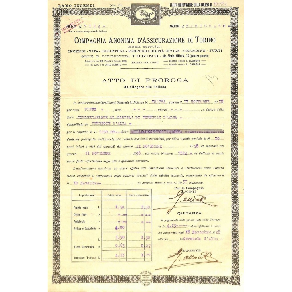 1928 - COMPAGNIA ANONIMA D'ASSICURAZIONE DI...
