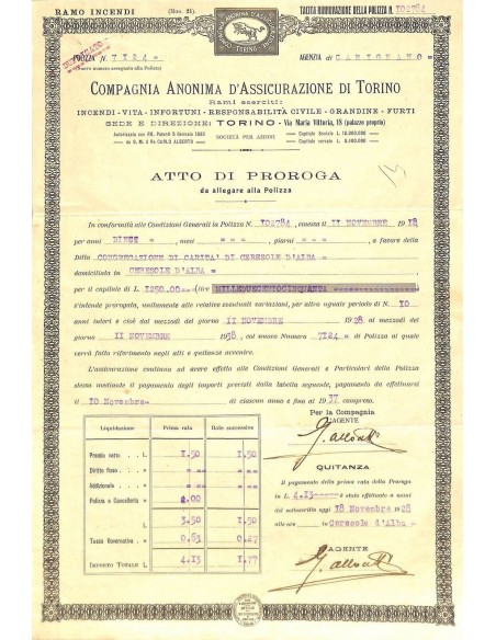 1928 - COMPAGNIA ANONIMA D'ASSICURAZIONE DI TORINO - ATTO DI PROROGA