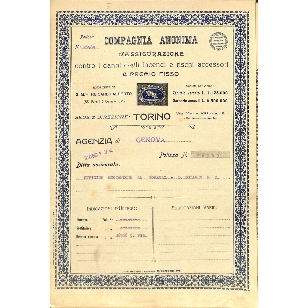 1920 - COMPAGNIA ANONIMA D'ASSICURAZIONE CONTRO...