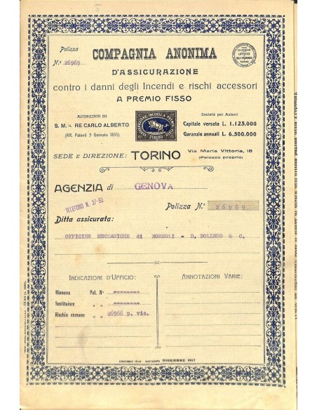 1920 - COMPAGNIA ANONIMA D'ASSICURAZIONE CONTRO I DANNI DEGLI INCENDI E RISCHI ACCESSORI