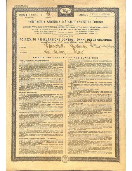 1932 - COMPAGNIA ANONIMA D'ASSICURAZIONE DI TORINO - POLIZZA DI ASS. CONTRO I DANNI DELLA GRANDINE