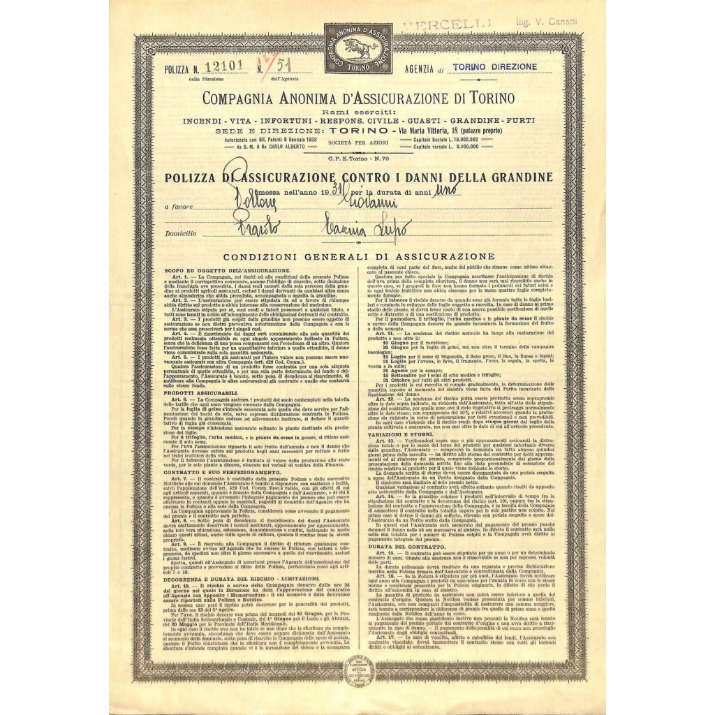 1931 - COMPAGNIA ANONIMA D'ASSICURAZIONE DI TORINO - POLIZZA DI ASS. CONTRO I DANNI DELLA GRANDINE