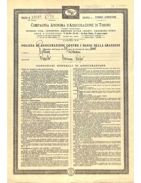 1931 - COMPAGNIA ANONIMA D'ASSICURAZIONE DI TORINO - POLIZZA DI ASS. CONTRO I DANNI DELLA GRANDINE