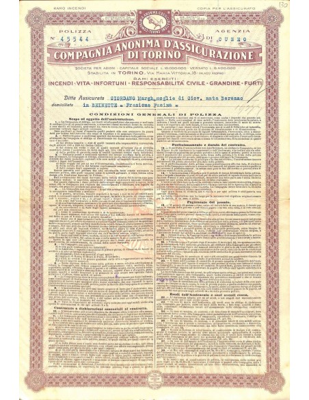1931 - COMPAGNIA ANONIMA D'ASSICURAZIONE DI TORINO - POLIZZA RAMO INCENDI