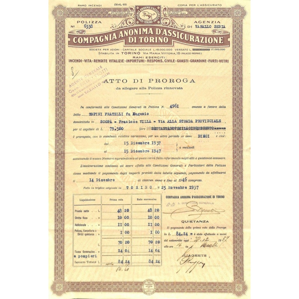 1937 - COMPAGNIA ANONIMA D'ASSICURAZIONE DI...