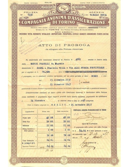 1937 - COMPAGNIA ANONIMA D'ASSICURAZIONE DI TORINO - ATTO DI PROROGA