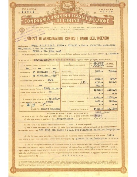 1955 - COMPAGNIA ANONIMA D'ASSICURAZIONE DI TORINO - POLIZZA DI ASS. CONTRO I DANNI DELL'INCENDIO