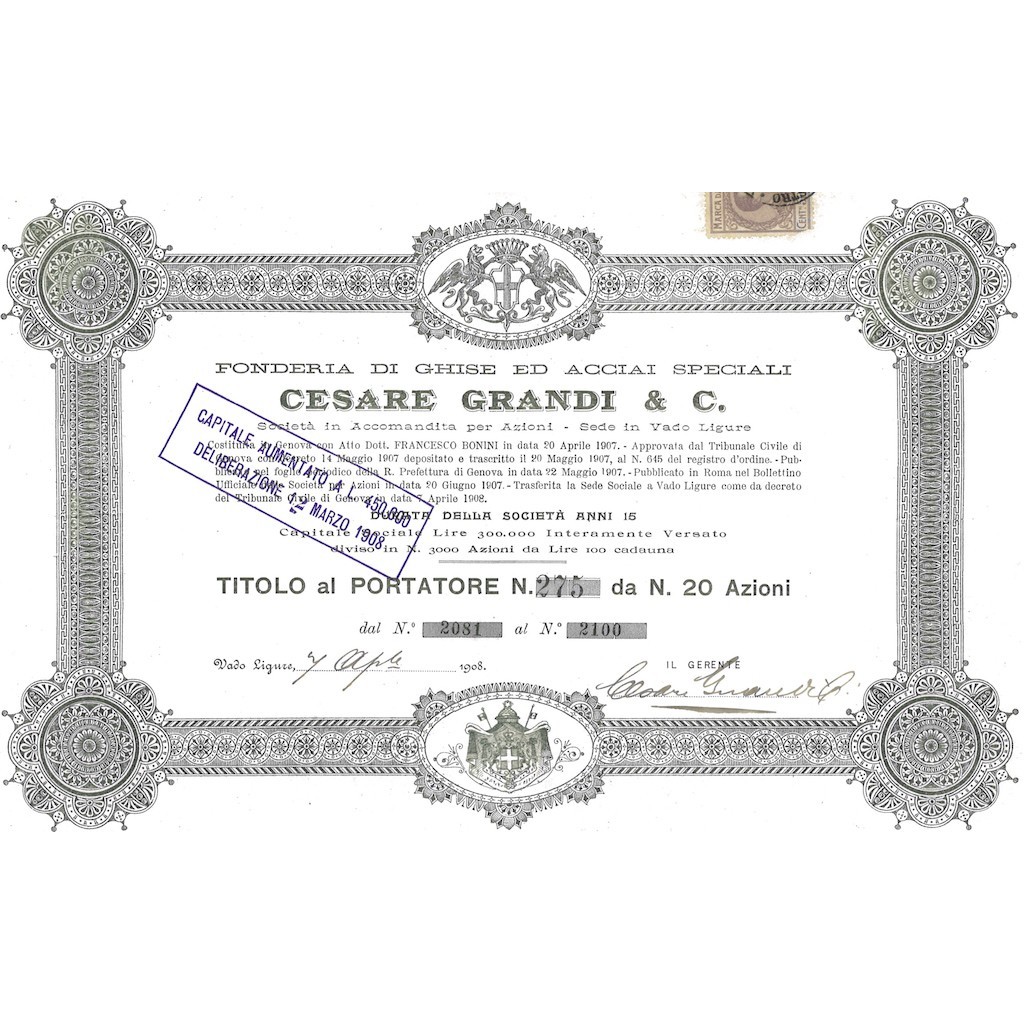 FONDERIA DI GHISE ED ACCIAI SPECIALI CESARE GRANDI & C 20 AZIONI VADO LIGURE 1908