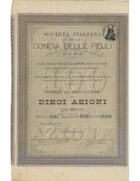 SOC. ITA. CONCIA DELLE PELLI - 10 AZIONI ROMA 1890