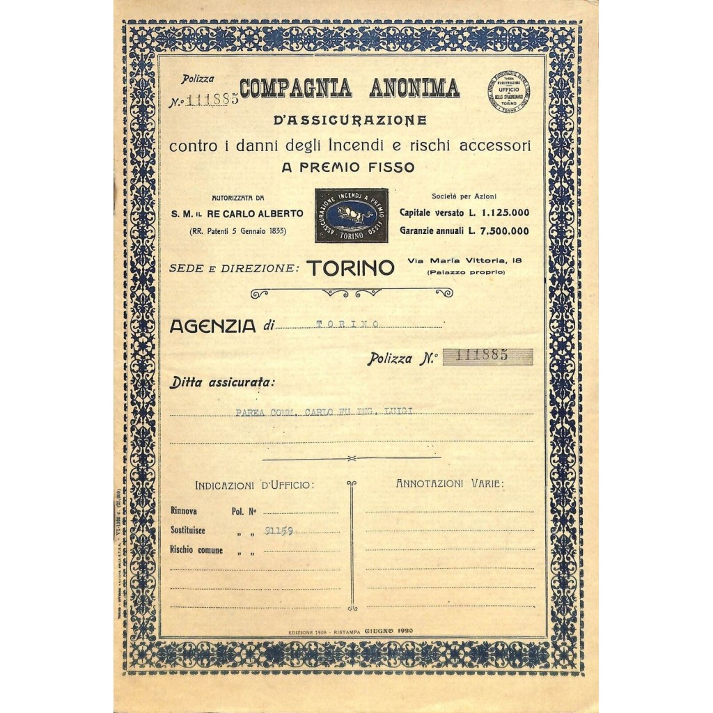 1921 - COMPAGNIA ANONIMA D'ASSICURAZIONE CONTRO I DANNI DEGLI INCENDI E RISCHI ACCESSORI