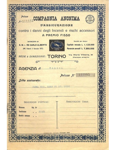 1921 - COMPAGNIA ANONIMA D'ASSICURAZIONE CONTRO I DANNI DEGLI INCENDI E RISCHI ACCESSORI