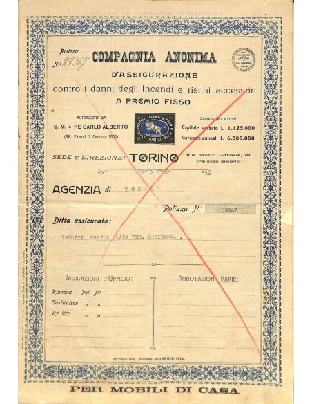 1912 - COMPAGNIA ANONIMA D'ASSICURAZIONE CONTRO I DANNI DEGLI INCENDI E RISCHI ACCESSORI