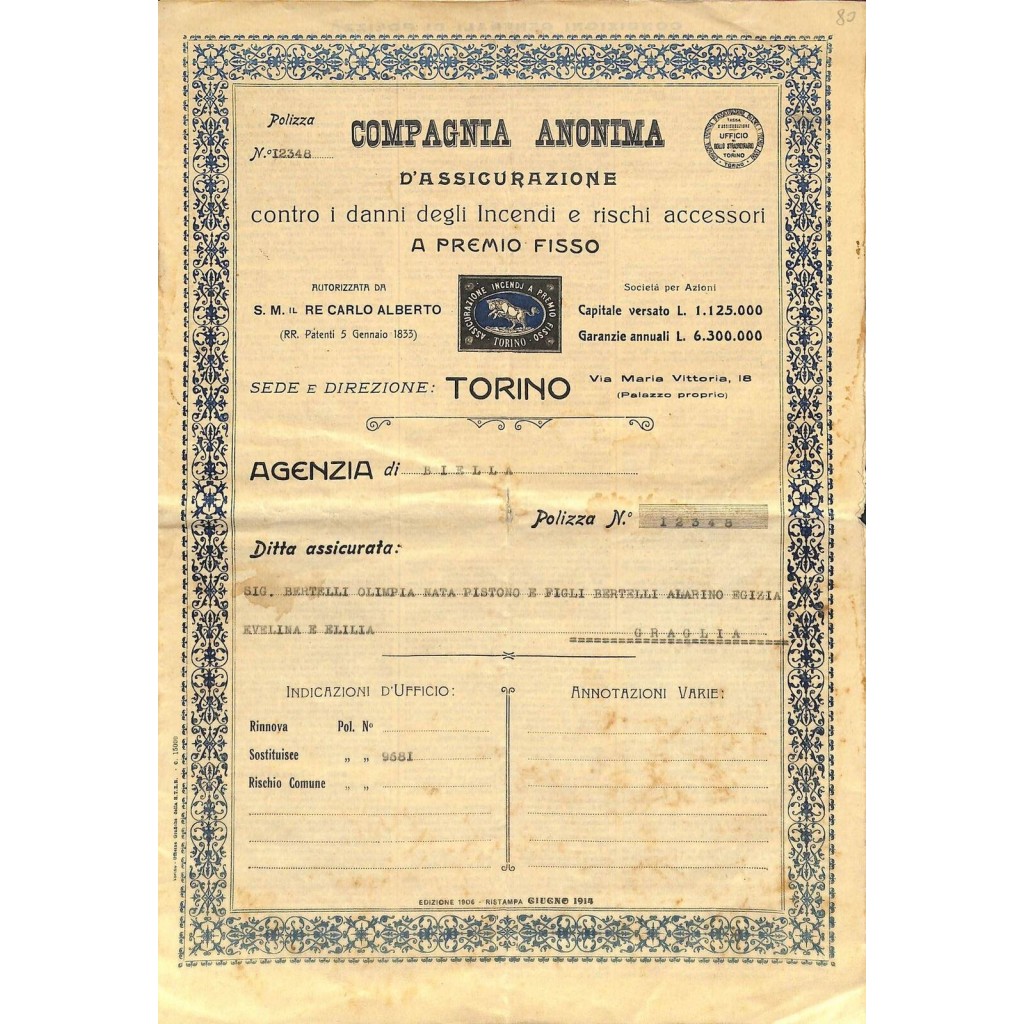 1916 - COMPAGNIA ANONIMA D'ASSICURAZIONE CONTRO...
