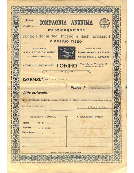 1916 - COMPAGNIA ANONIMA D'ASSICURAZIONE CONTRO I DANNI DEGLI INCENDI E RISCHI ACCESSORI