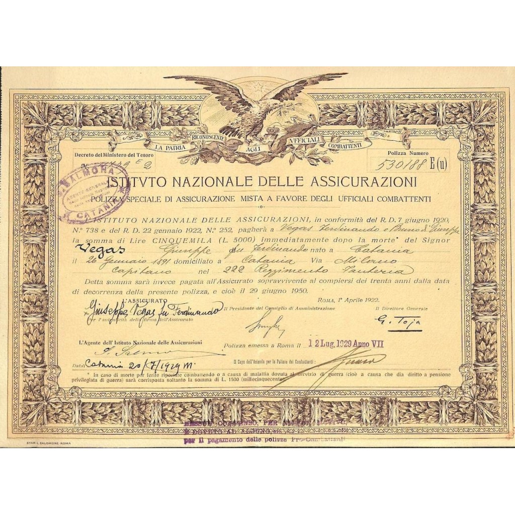 1929 - ISTITUTO NAZIONALE DELLE ASSICURAZIONI -...