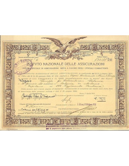 1929 - ISTITUTO NAZIONALE DELLE ASSICURAZIONI - POLIZZA SPEC. DI ASS. MISTA A FAVORE DEGLI UFFICIALI COMBATTENTI