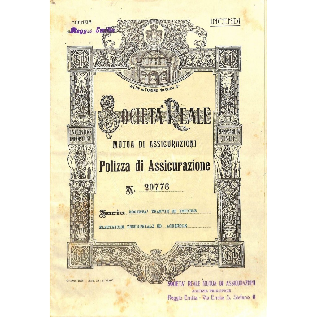 1928 - REALE MUTUA DI ASSICURAZIONI SOC. - POLIZZA DI ASSICURAZ. RAMO INCENDI