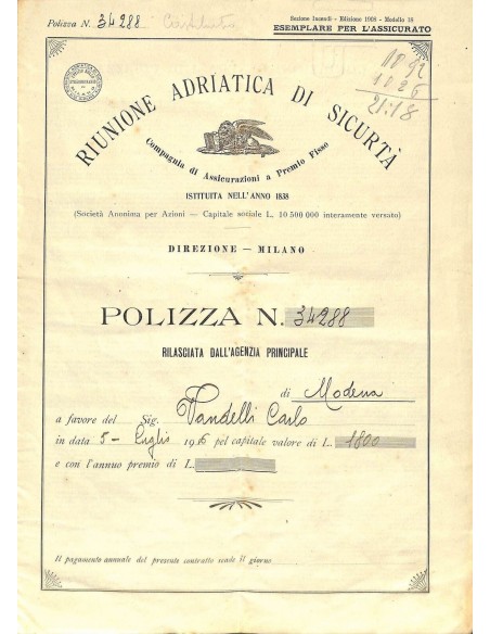 1916 - RIUNIONE ADRIATICA DI SICURTA' - COMP. DI ASSICUR. A PREMIO FISSO