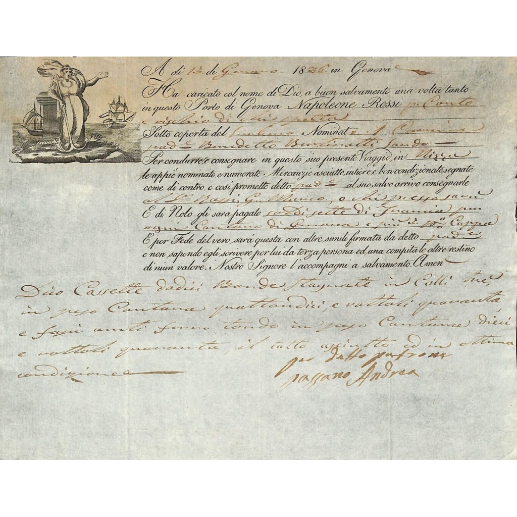 1836 - POLIZZA DI CARICO DA GENOVA A NIZZA