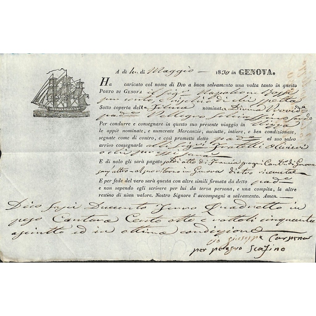 1830 - POLIZZA DI CARICO DA GENOVA A NIZZA