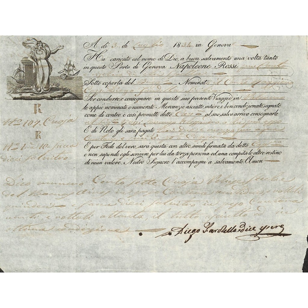1834 - POLIZZA DI CARICO DA GENOVA A PALERMO