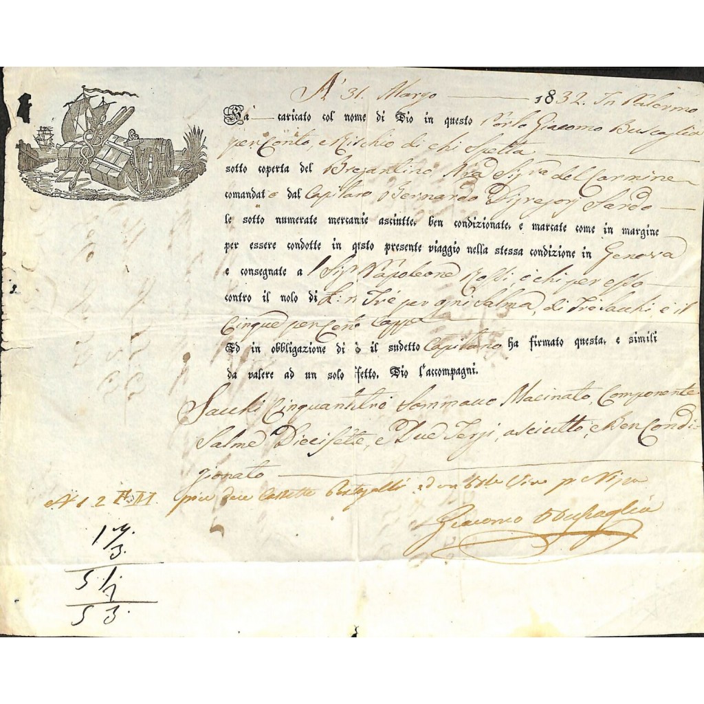 1832 - POLIZZA DI CARICO DA PALERMO A GENOVA