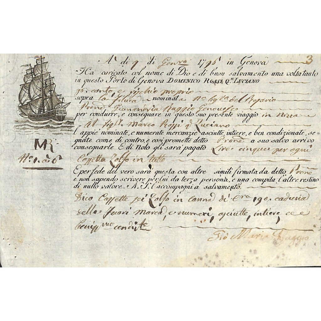 1796 - POLIZZA DI CARICO DA GENOVA A NIZZA