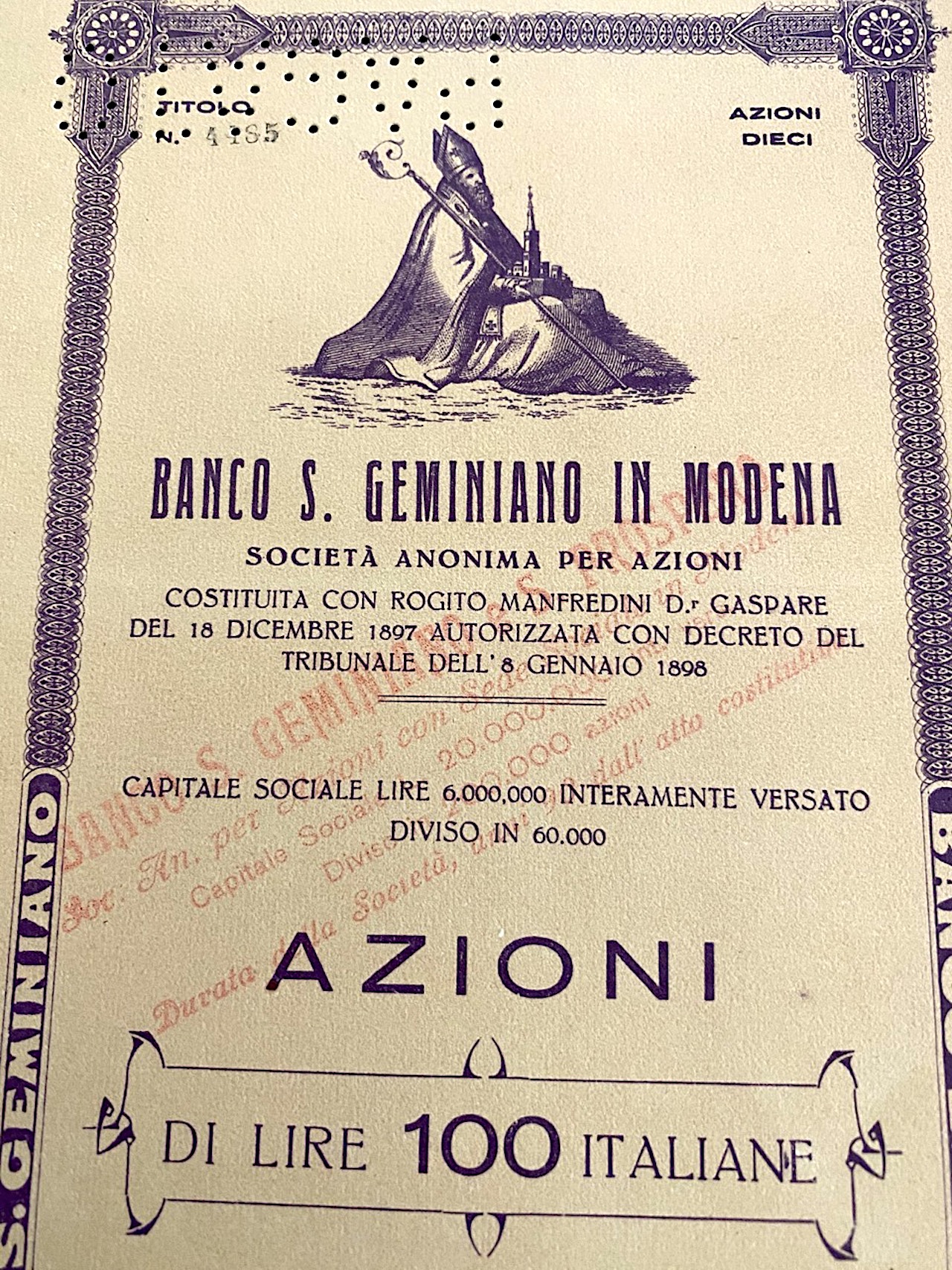 1932 Banco Di San Geminiano In Modena 10 Azioni Modena